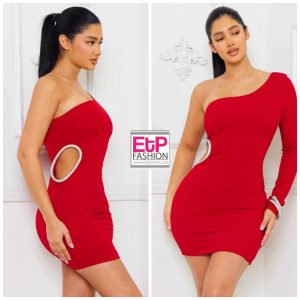 Red One Sleeve Women's Dress