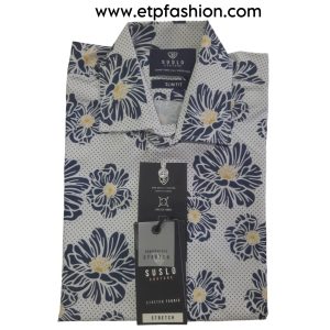 White Short Sleeve Shirt for Men with Blue and Yellow Flower Design with Dots