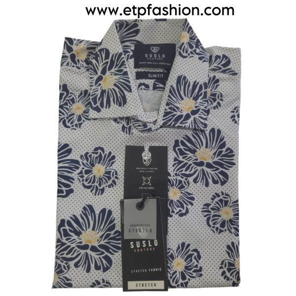 White Short Sleeve Shirt for Men with Blue and Yellow Flower Design with Dots