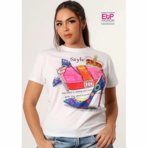 WomensWhite T-shirt With Crown, Bag And Heel Desing