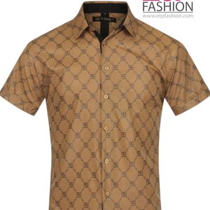 Men's formal shirt in gold with a black plaid design