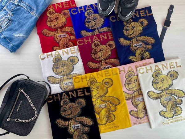 T-shirts For Women In Various Colors With Bear Design on th front and Sleeves and Glitter - Image 2