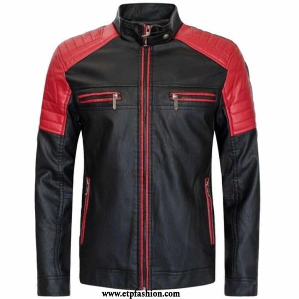 Black Leather Jacket With Red Sport For Men