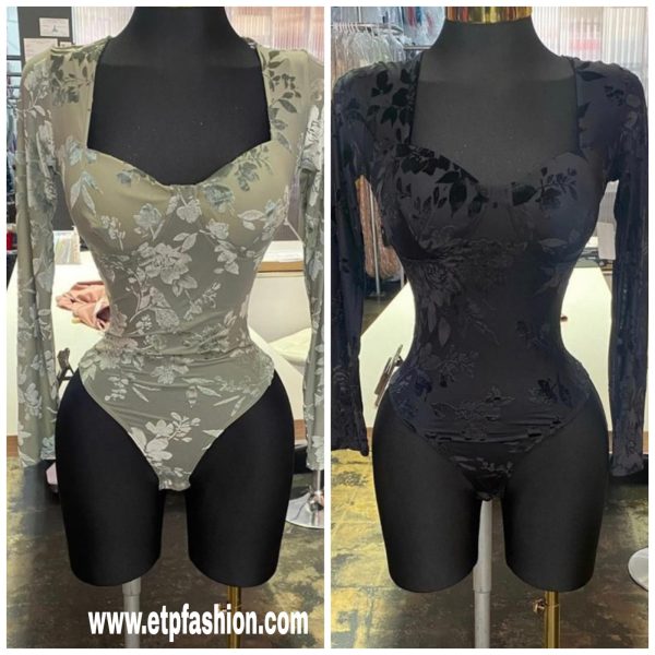 Black And Olive Green Bodysuit With Cordoy Flower Desing