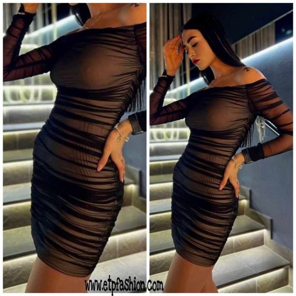 Women's Black Mesh Gathered Black Dress