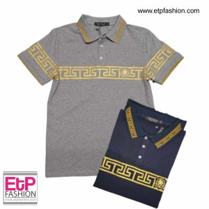 Mens Polo T-shirt Gray With Gold And Navy Blue