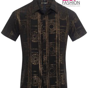 Black men's polo shirt with gold trim and a bit of corduroy material