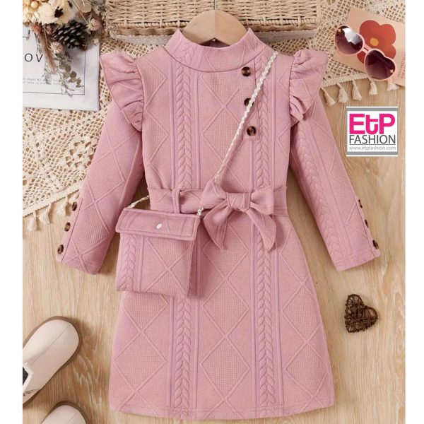 Two Piece Set Pink Girl Dress Long Sleeve And Bag