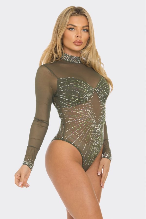 Women's sheer olive green bodysuit with glitter - Image 2