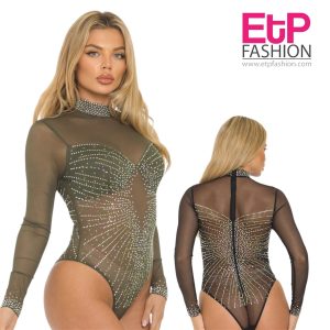 Women's sheer olive green bodysuit with glitter