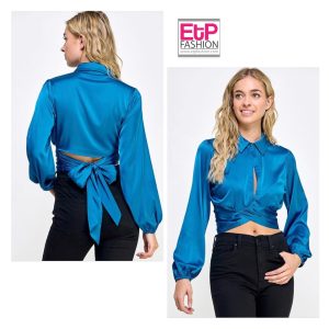 Womens Blue Long Sleeve Blouse With Buttons