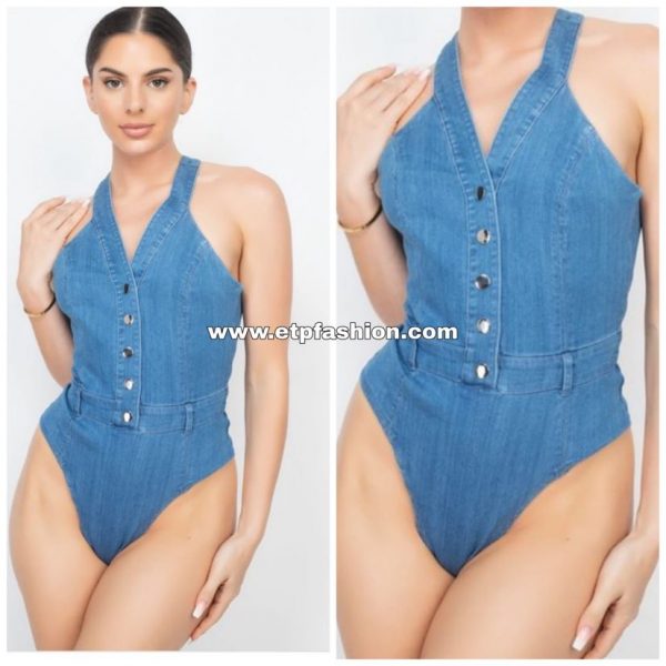 Denim body suit