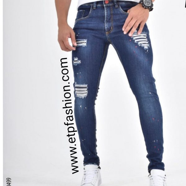Blue mens jeans with ripped and splashes