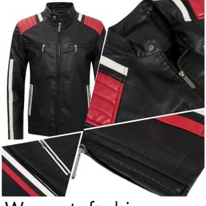 Jacket black in lether with white and red stripe.