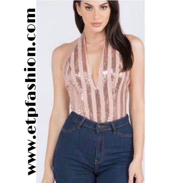 Pink Sleeveless Bodysuit With Sequin And Glitter