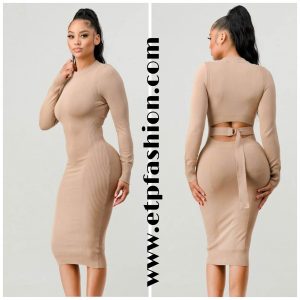 Taupe Long-sleeve Dress With Design On The Back
