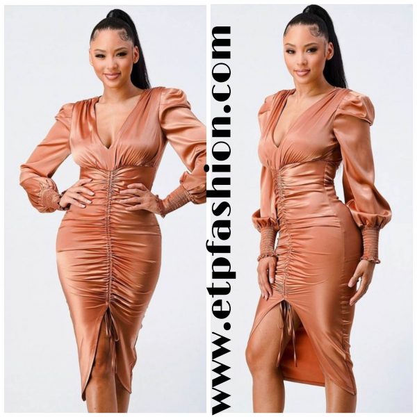 Long-sleeved Camel Dress With Corrugate Design On The Front