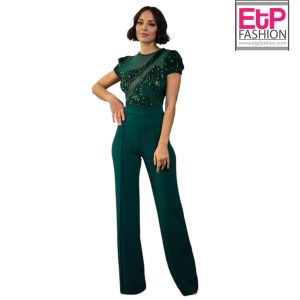Green sequined jumpsuit with wide bell-shaped skirt