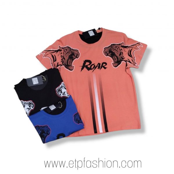 Men's T-shirt in Blue, Black and Light Orange with Lion Logo with glitter