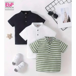 Boys Shirt Chinesse Collar Blue White And Green With Stripes