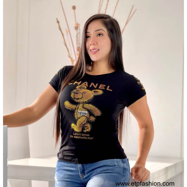 T-shirts For Women In Various Colors With Bear Design on th front and Sleeves and Glitter