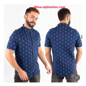 Navy Printed Canvas Shirt For Men
