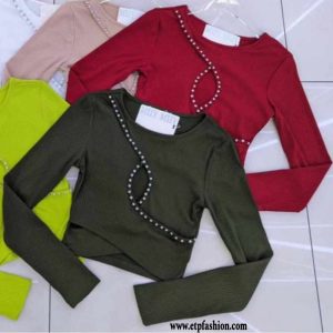 Women's long sleeve crop top in green and burgandy