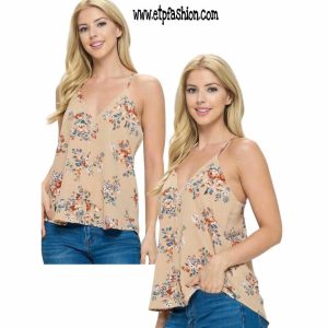 Beige Sleeveless Blouse With V-neck Flowers