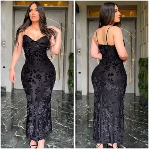 Women's long black dress with flower imprints