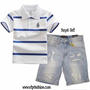 Two Piece Boys Set, White T-shirt With Blue Stripes And Short Light Blue
