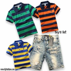 Two Piece Set For Boys T-shirt Stripes Of 3 Diferent Colors