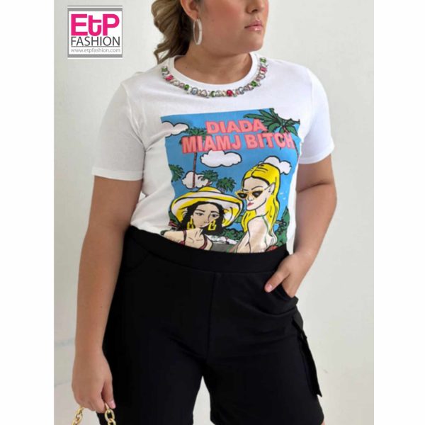 White Womens T-shirt With Colored Stone Ref. 1741