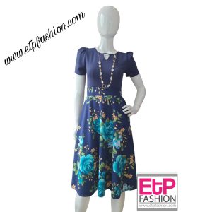 White And Blue Womens Dress With Rose Print