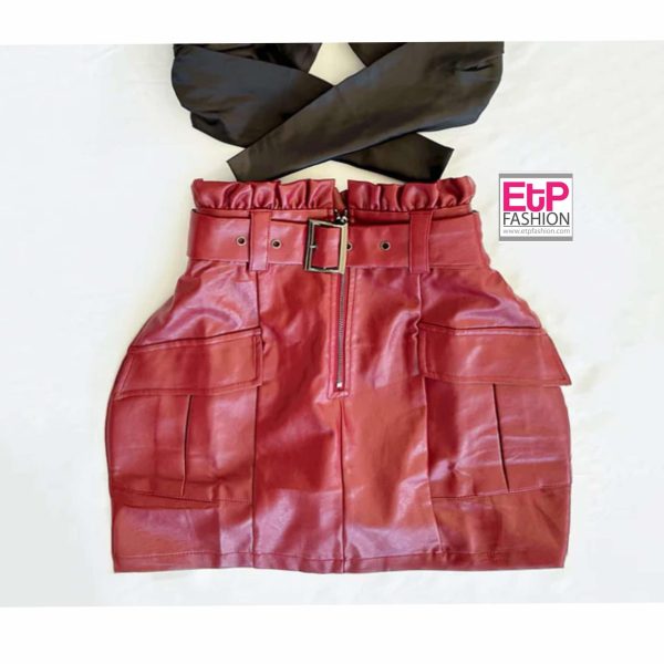 Leather commander Mini skirt Beige And Wine Color - Image 2