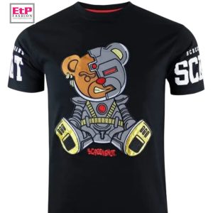 Black men's shirt with teddy design and lettering on the sleeves