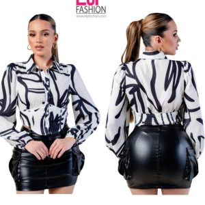 Women's long-sleeved blouse with black and white prints