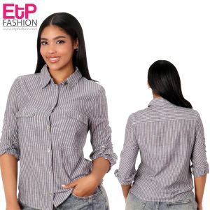Women's long-sleeved white button-down shirt with gray stripes
