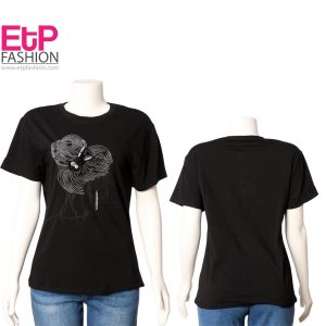 Women's casual black blouse with designs on the front